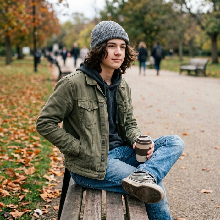 Student resting on a park bench in autumn