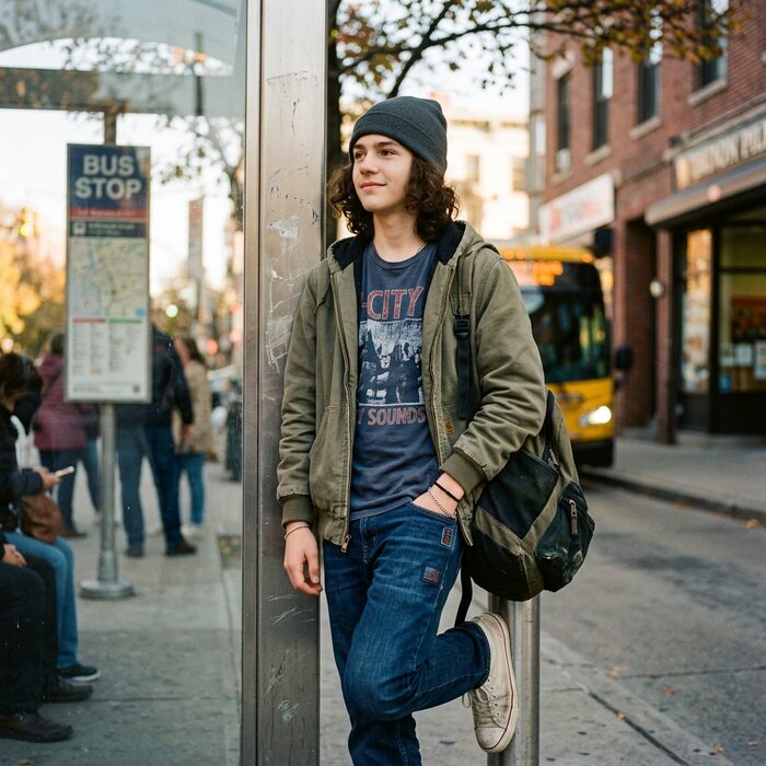 Young traveller waiting at a bus stop
